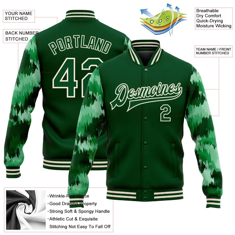 Custom Green Cream Camo Sleeves 3D Pattern Design Bomber Full-Snap Varsity Letterman Jacket