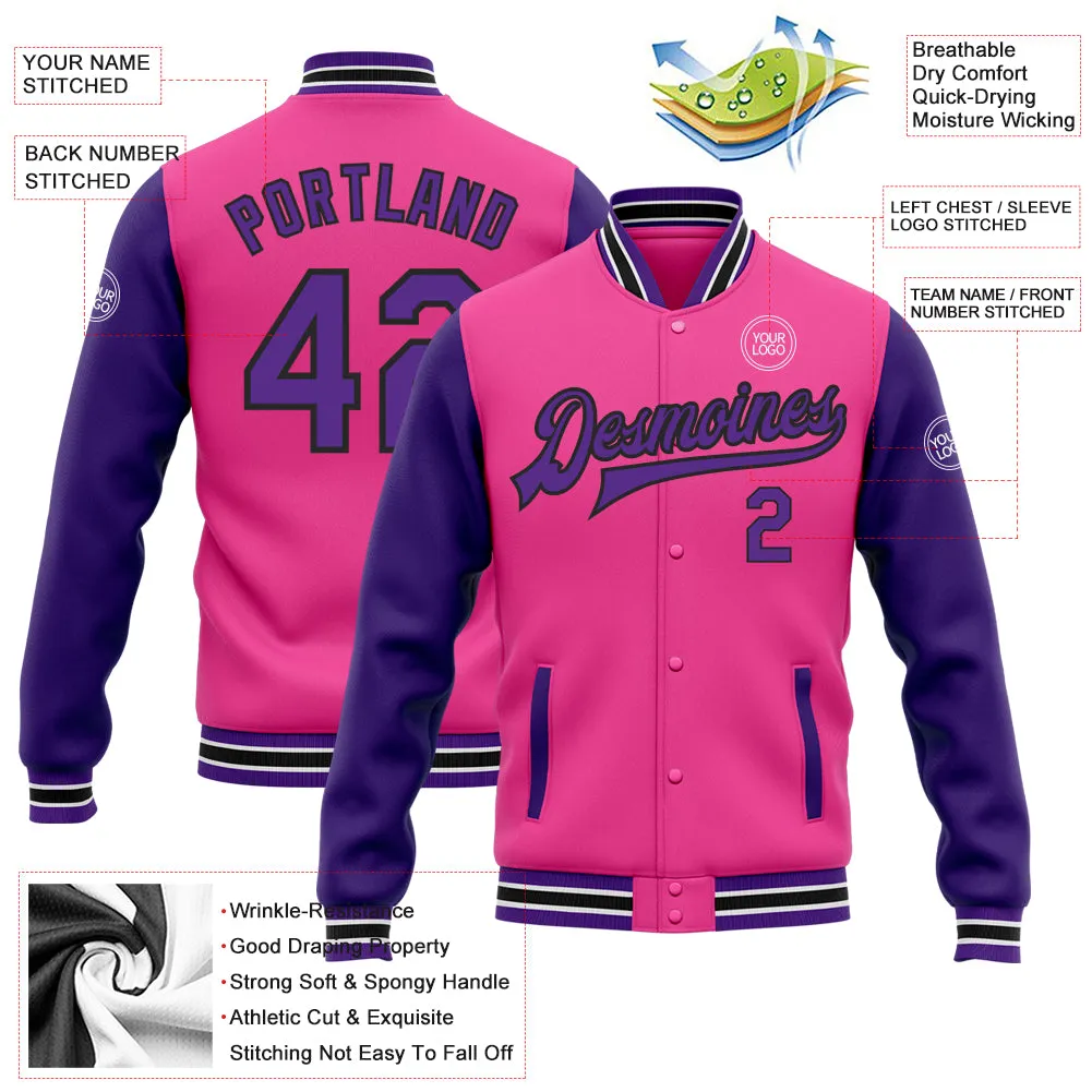 Custom Pink Purple-Black Bomber Full-Snap Varsity Letterman Two Tone Jacket