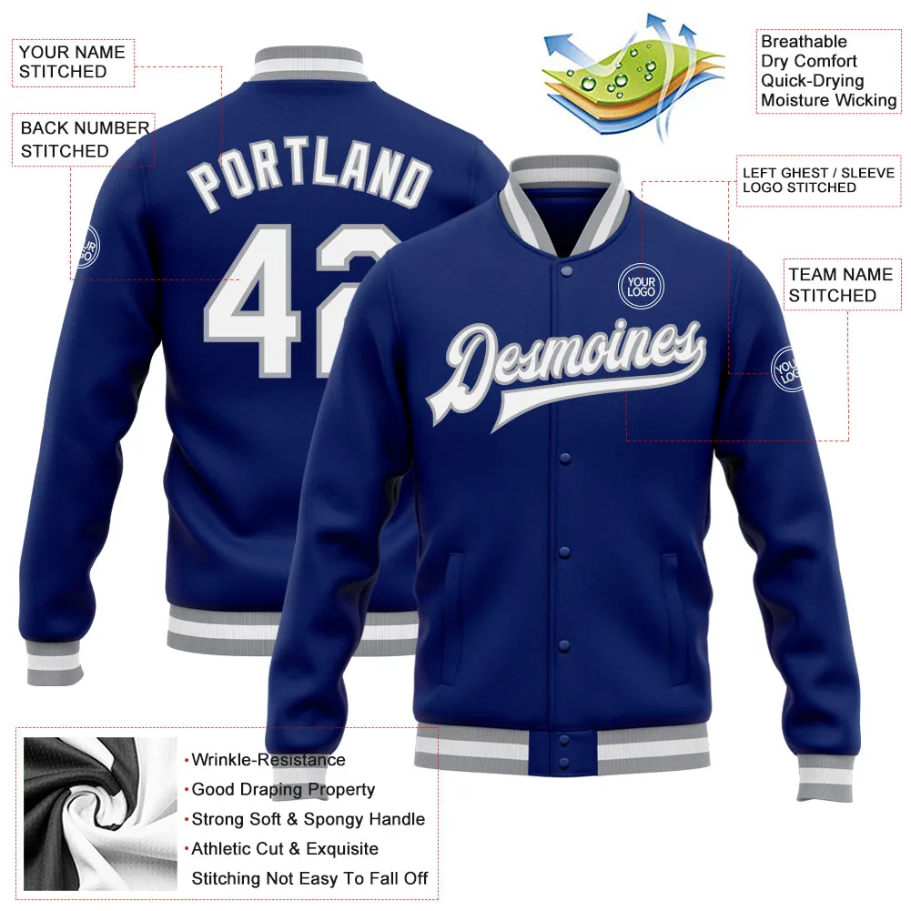 Custom Royal White-Gray Bomber Full-Snap Varsity Letterman Jacket