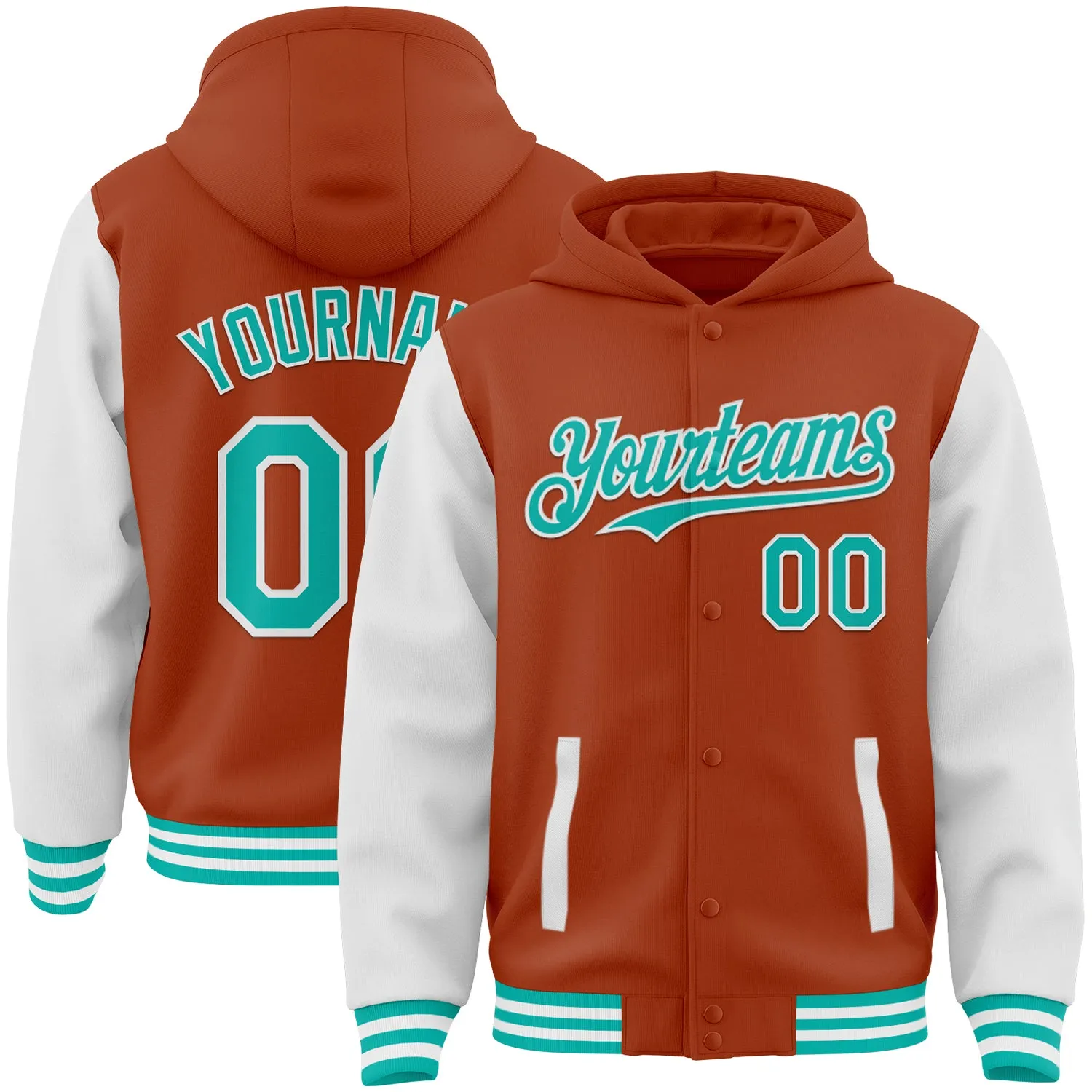 Custom Texas Orange Aqua-White Bomber Full-Snap Varsity Letterman Two Tone Hoodie Jacket