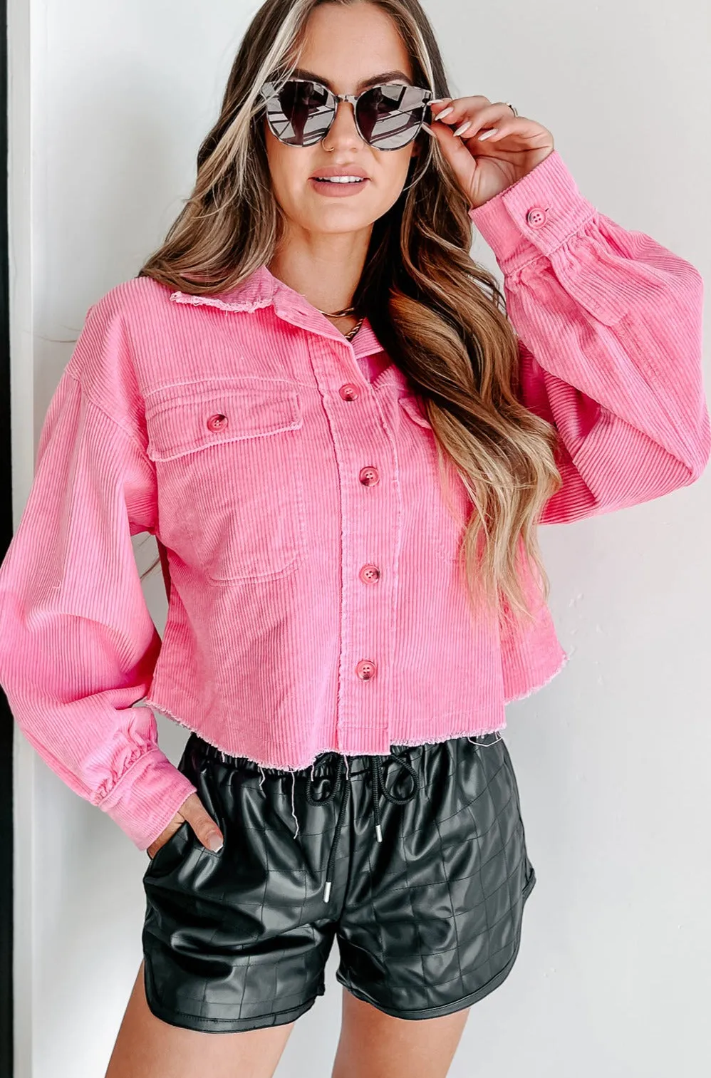 Daily Affirmations Cropped Corduroy Shacket (Pink)