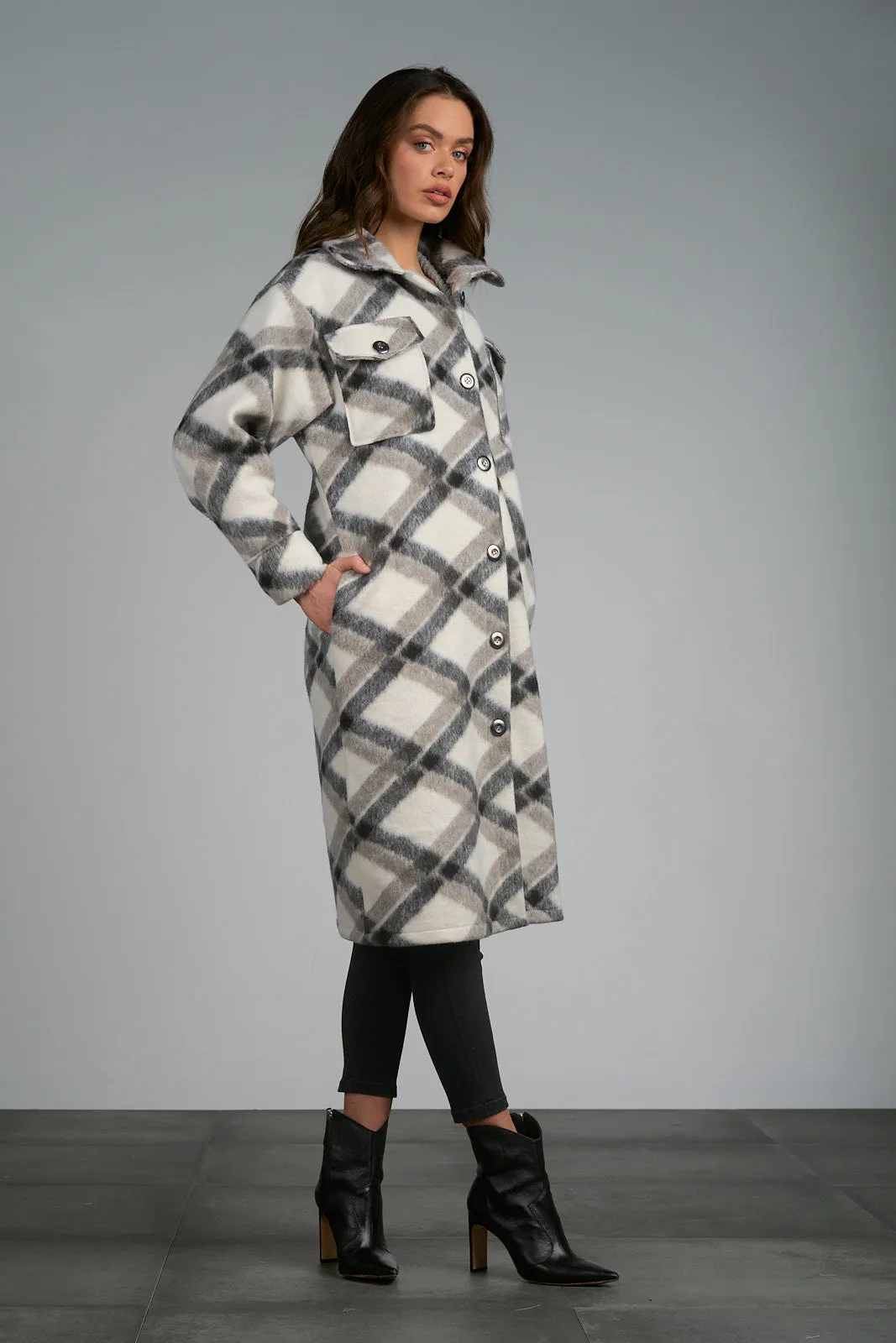 Elan Black Grey Plaid Long Brushed Shacket