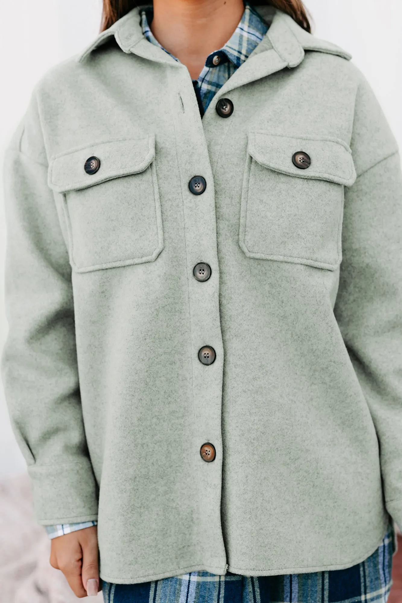 Fall Classic Felt Woven Button Down Shacket (Light Sage)