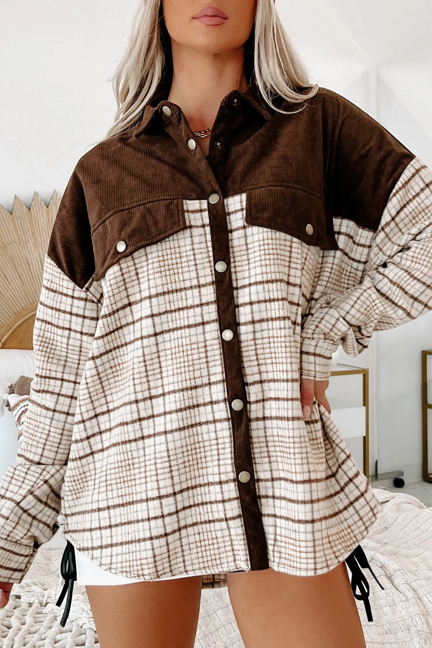 Forecasting Fall Colorblock Plaid Shacket (Taupe/Brown)