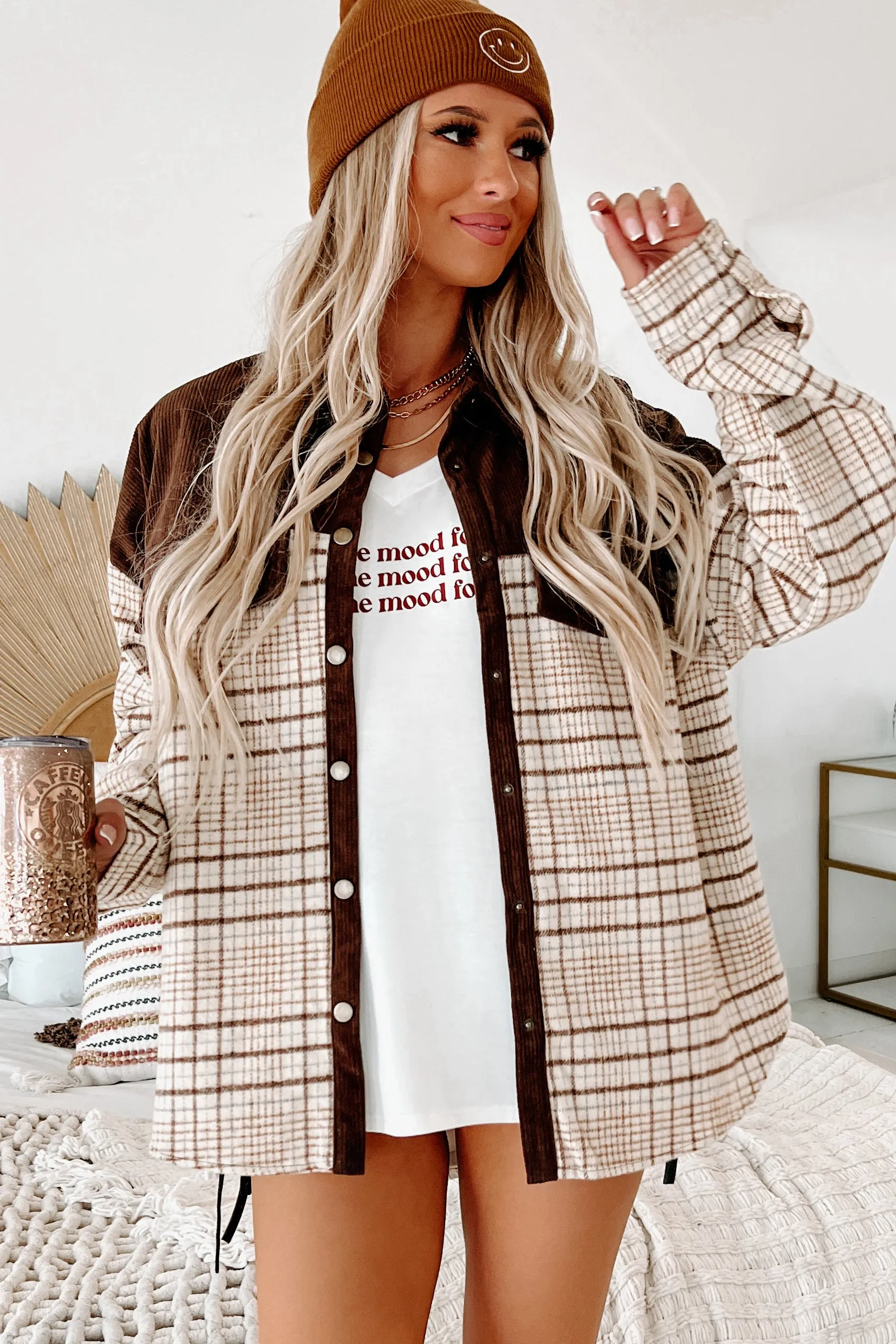 Forecasting Fall Colorblock Plaid Shacket (Taupe/Brown)