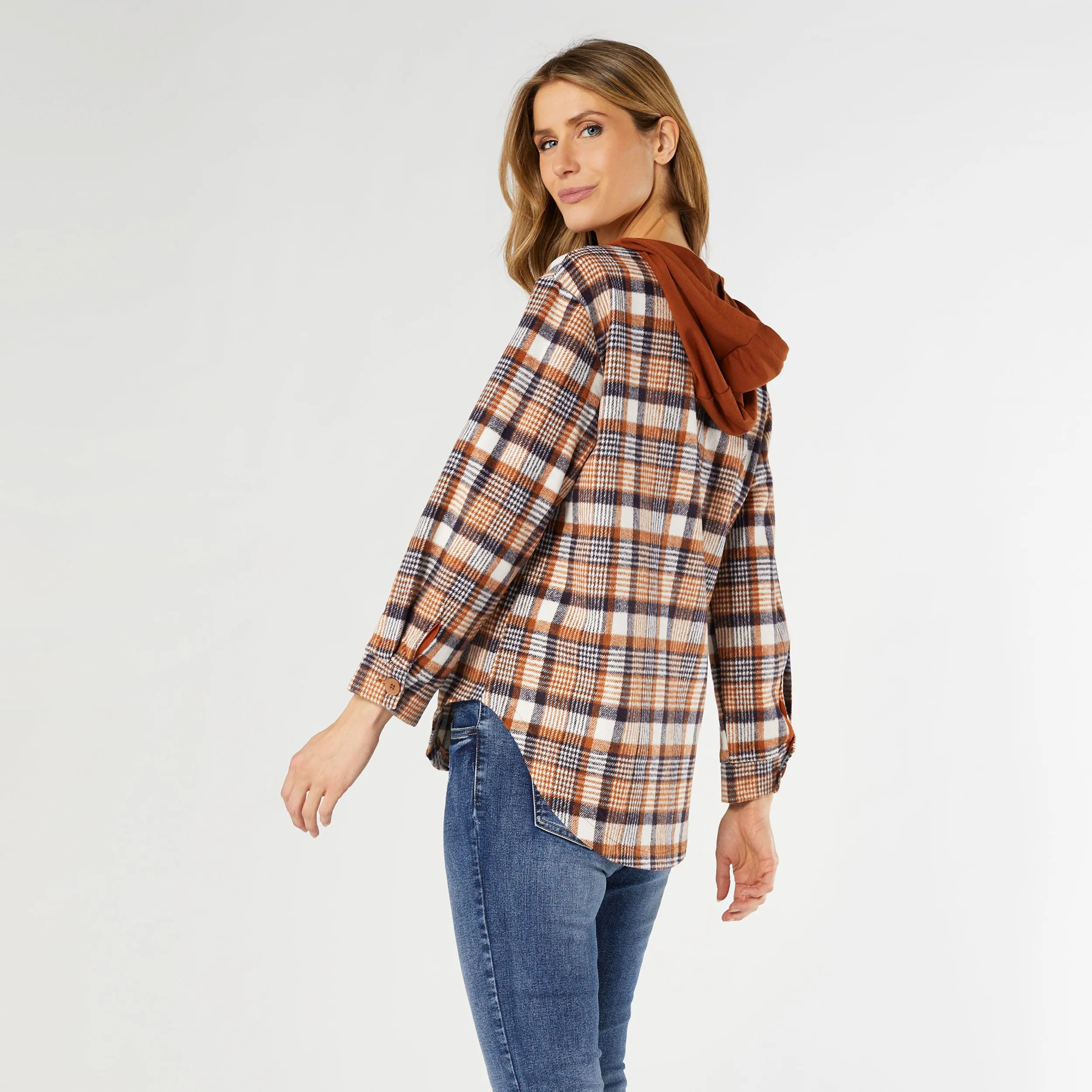 Frieda Button Front Hooded Shacket with Pockets - Rust/Navy Plaid