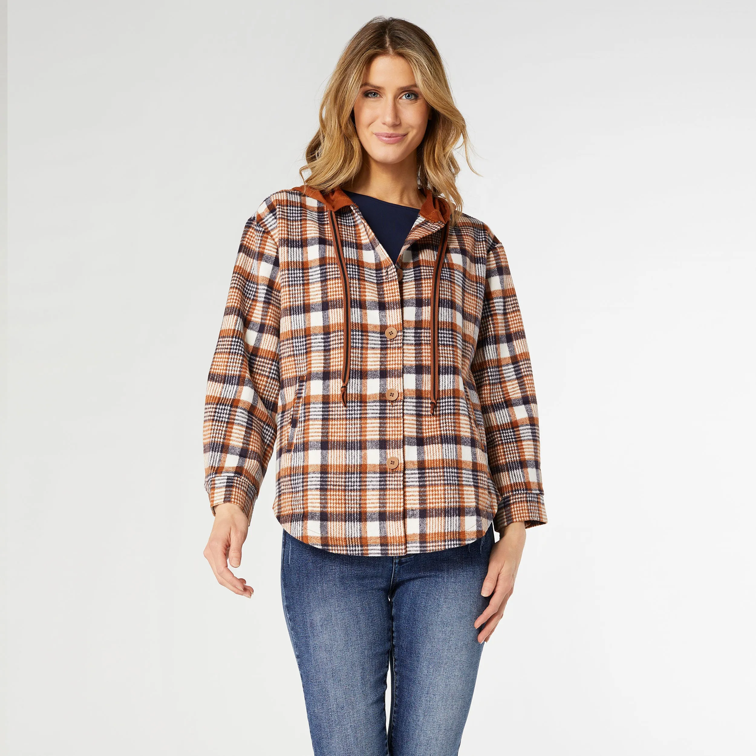 Frieda Button Front Hooded Shacket with Pockets - Rust/Navy Plaid