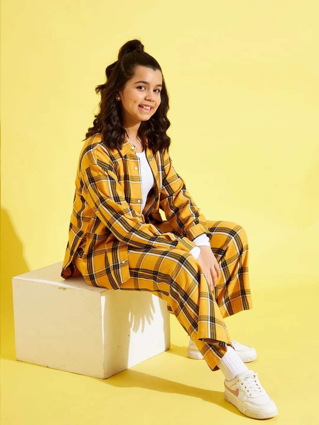 Girls Mustard & Black Check Shacket