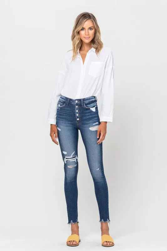 High Rise Patched Button Up Raw Hem Ankle Skinny