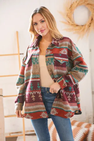 Holiday Aztec Flannel Button Down Pocketed Shacket