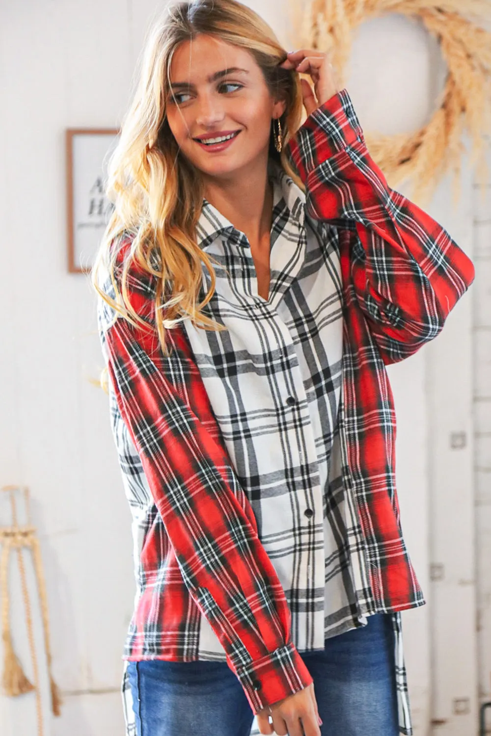 Holiday Red & White Plaid Button Down Hi Lo Shacket