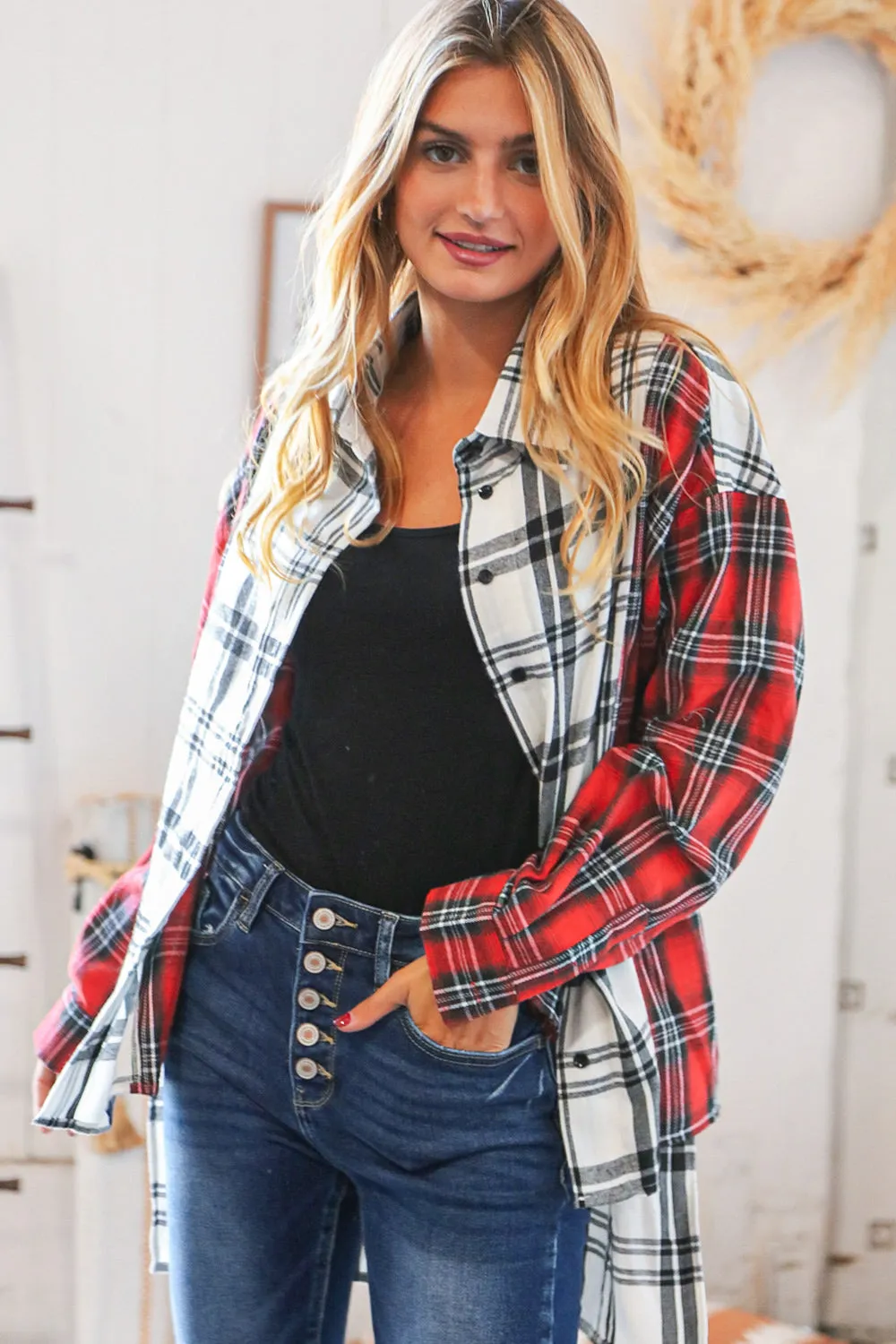 Holiday Red & White Plaid Button Down Hi Lo Shacket