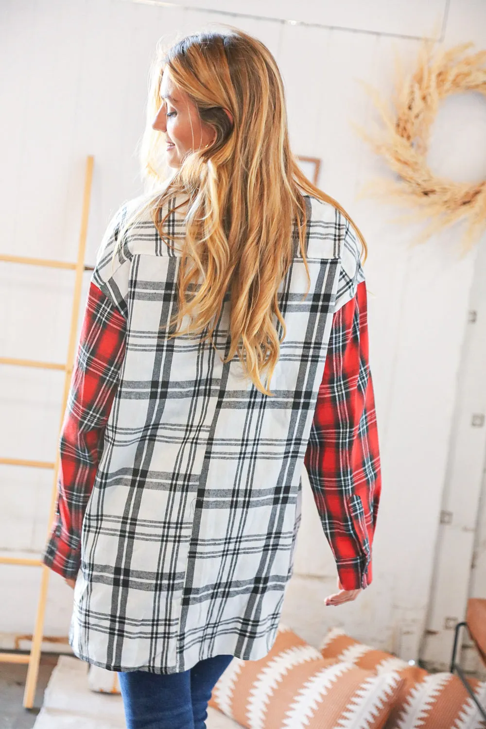 Holiday Red & White Plaid Button Down Hi Lo Shacket