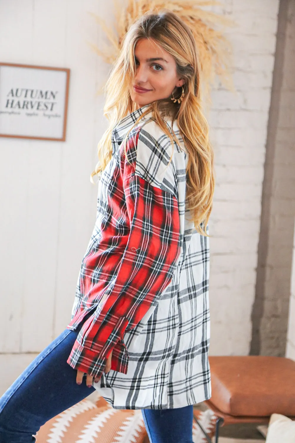 Holiday Red & White Plaid Button Down Hi Lo Shacket