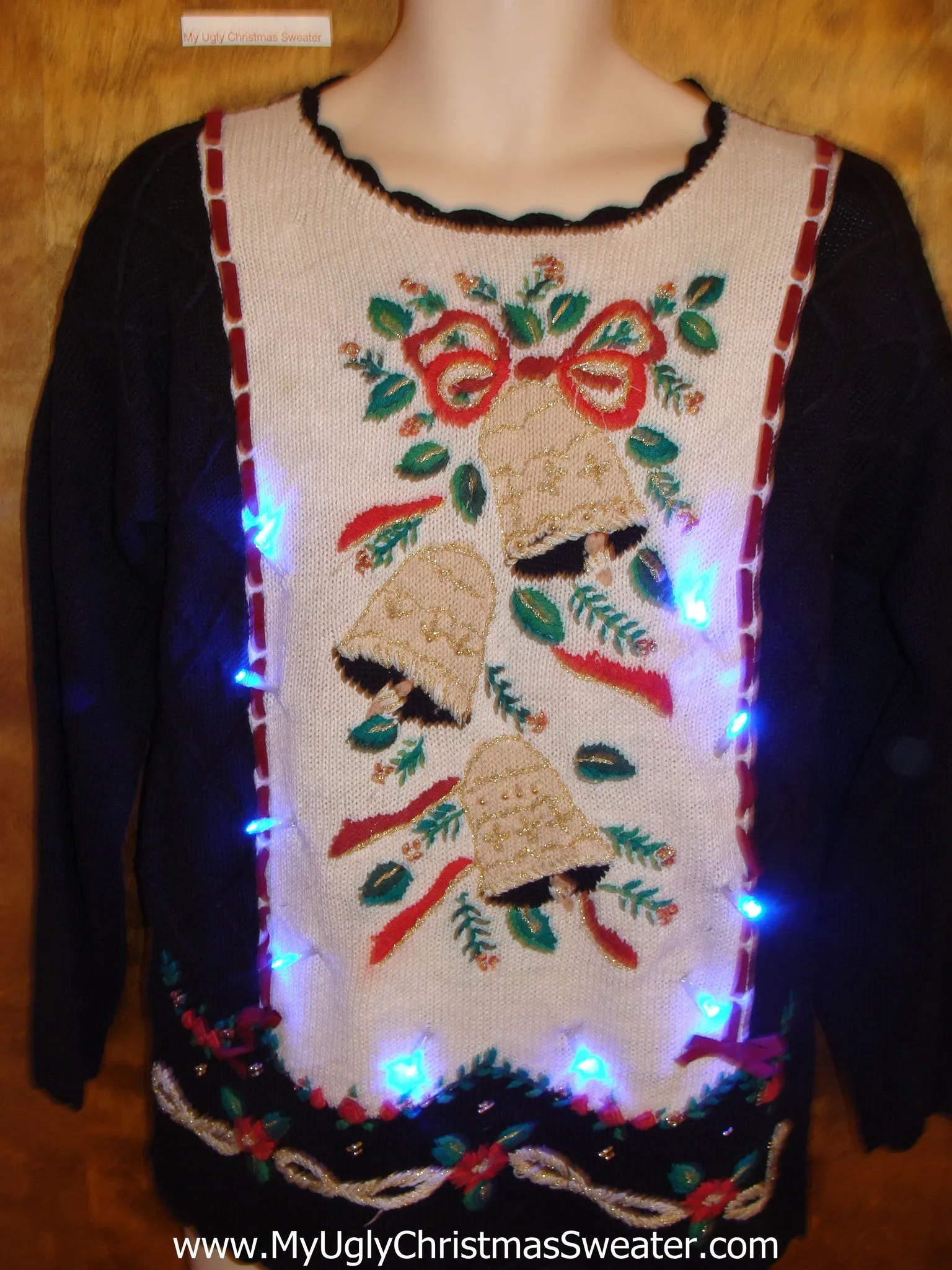 Horrible Tacky Bells and Bows Light Up Ugly Xmas Sweater