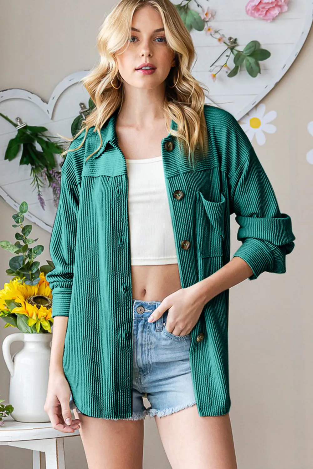 Hunter Green Striped Long Sleeve Button Up Shacket for Women