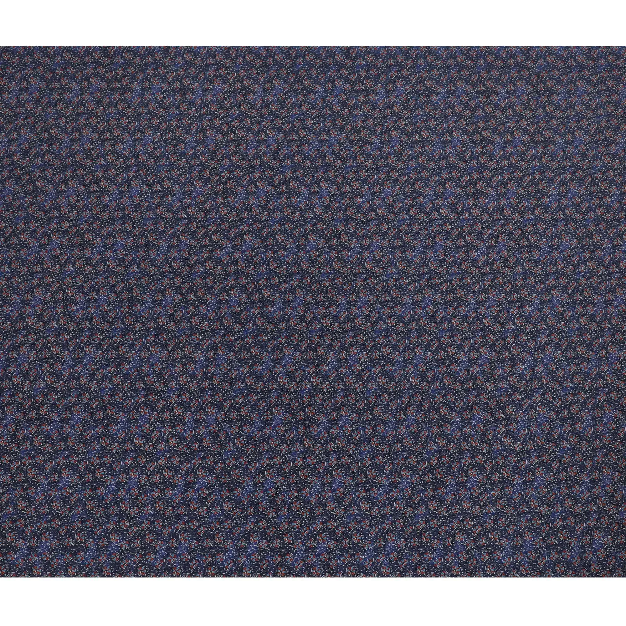 Indigo blue Premium pure silk crepe fabric with beige, blue and print in floral design-D13856