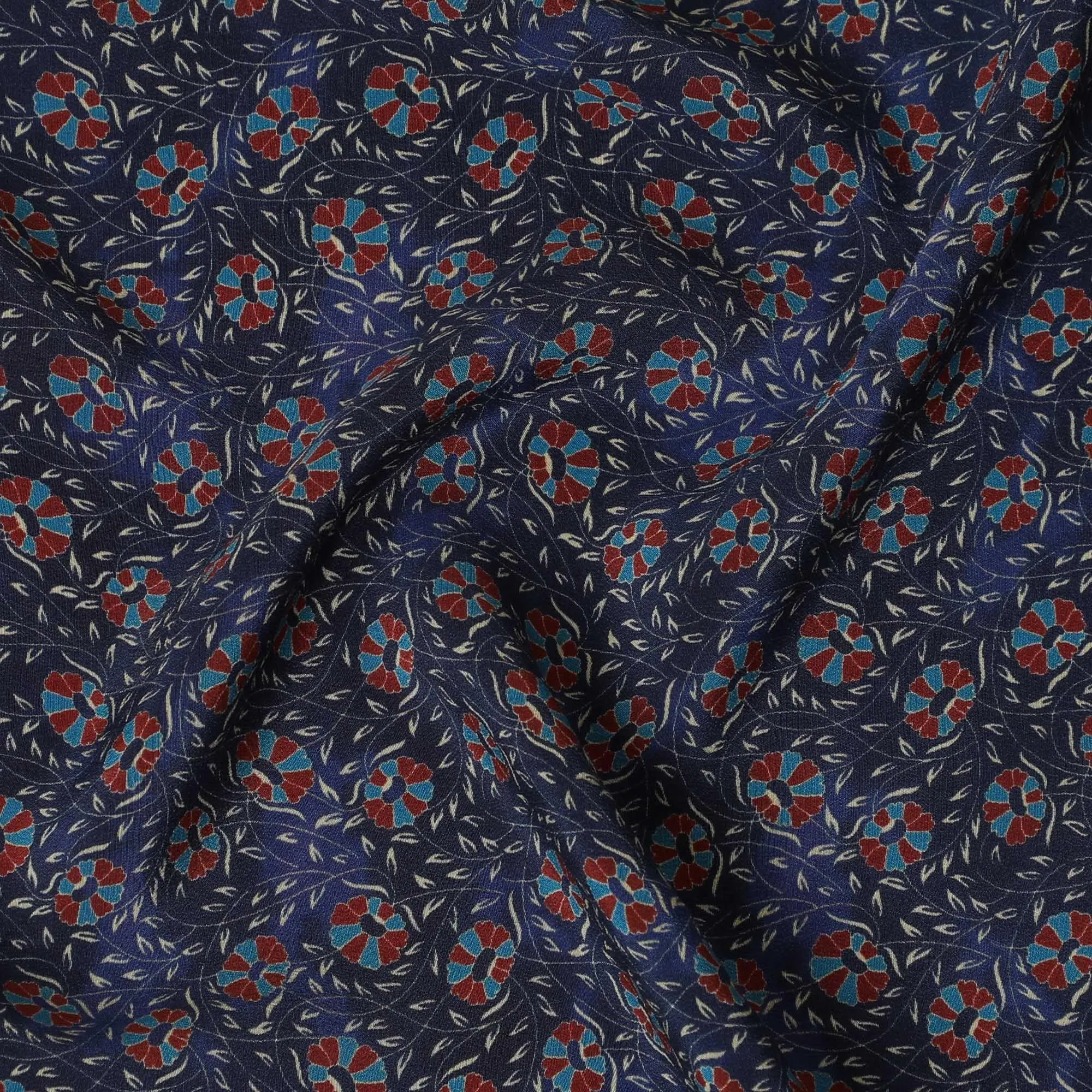 Indigo blue Premium pure silk crepe fabric with beige, blue and print in floral design-D13856