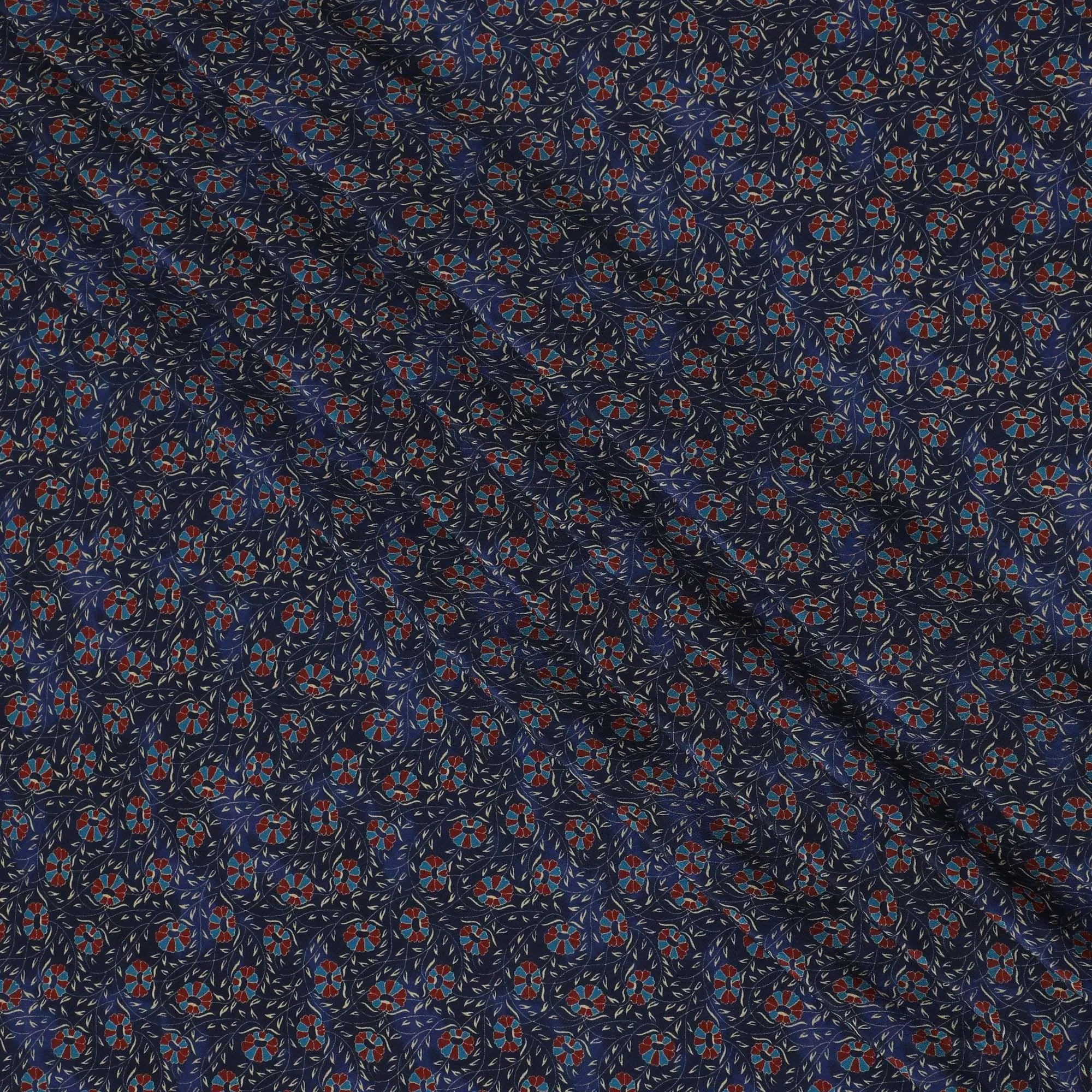 Indigo blue Premium pure silk crepe fabric with beige, blue and print in floral design-D13856