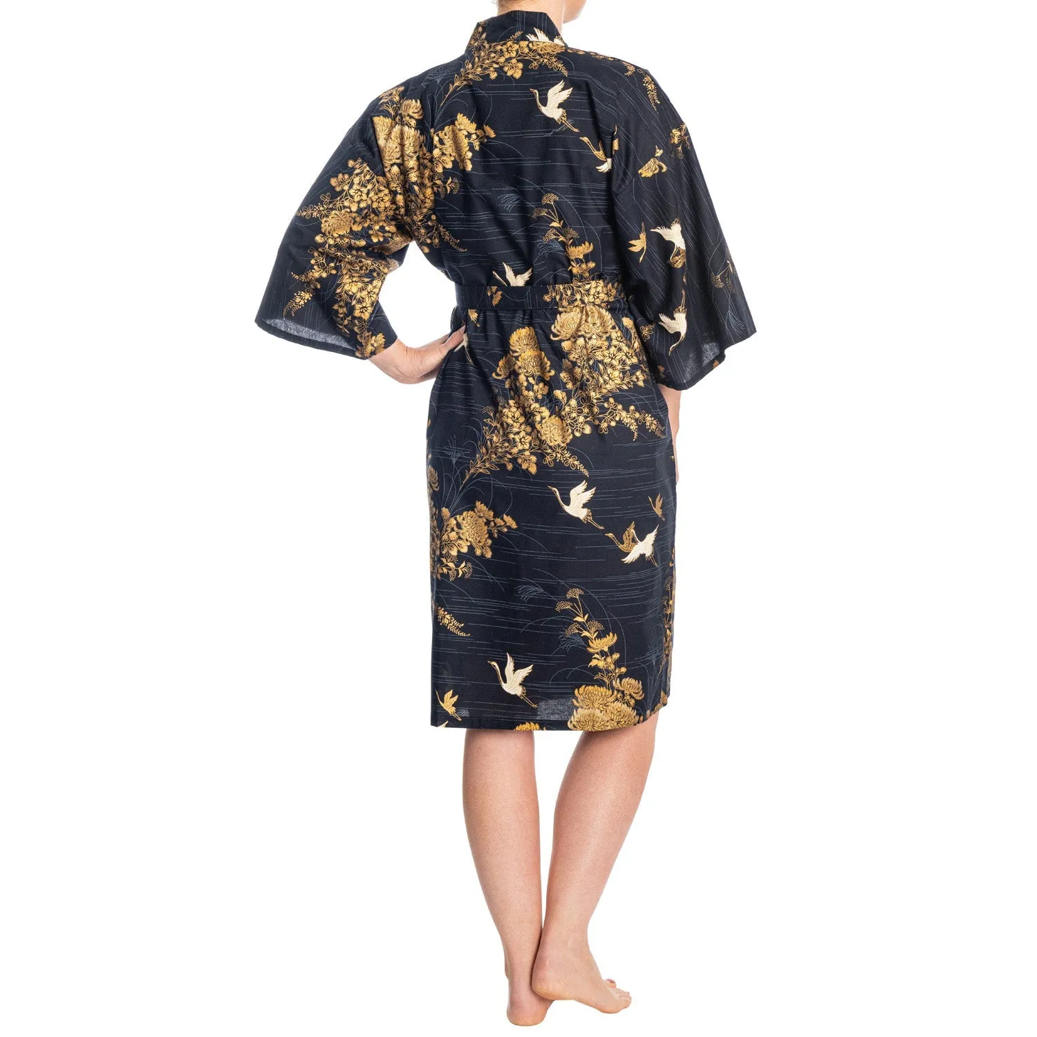 Japanese Kimono Crane Print Short Navy