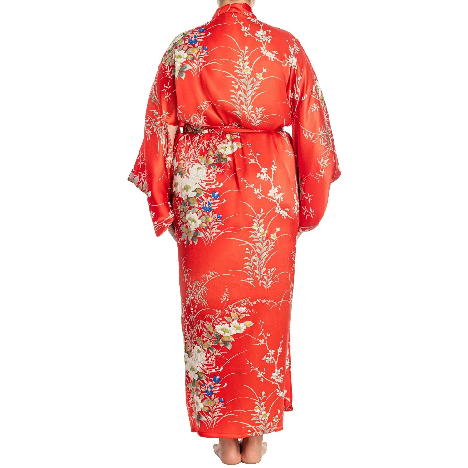 Japanese Silk Kimono Floral Print Long Red XL