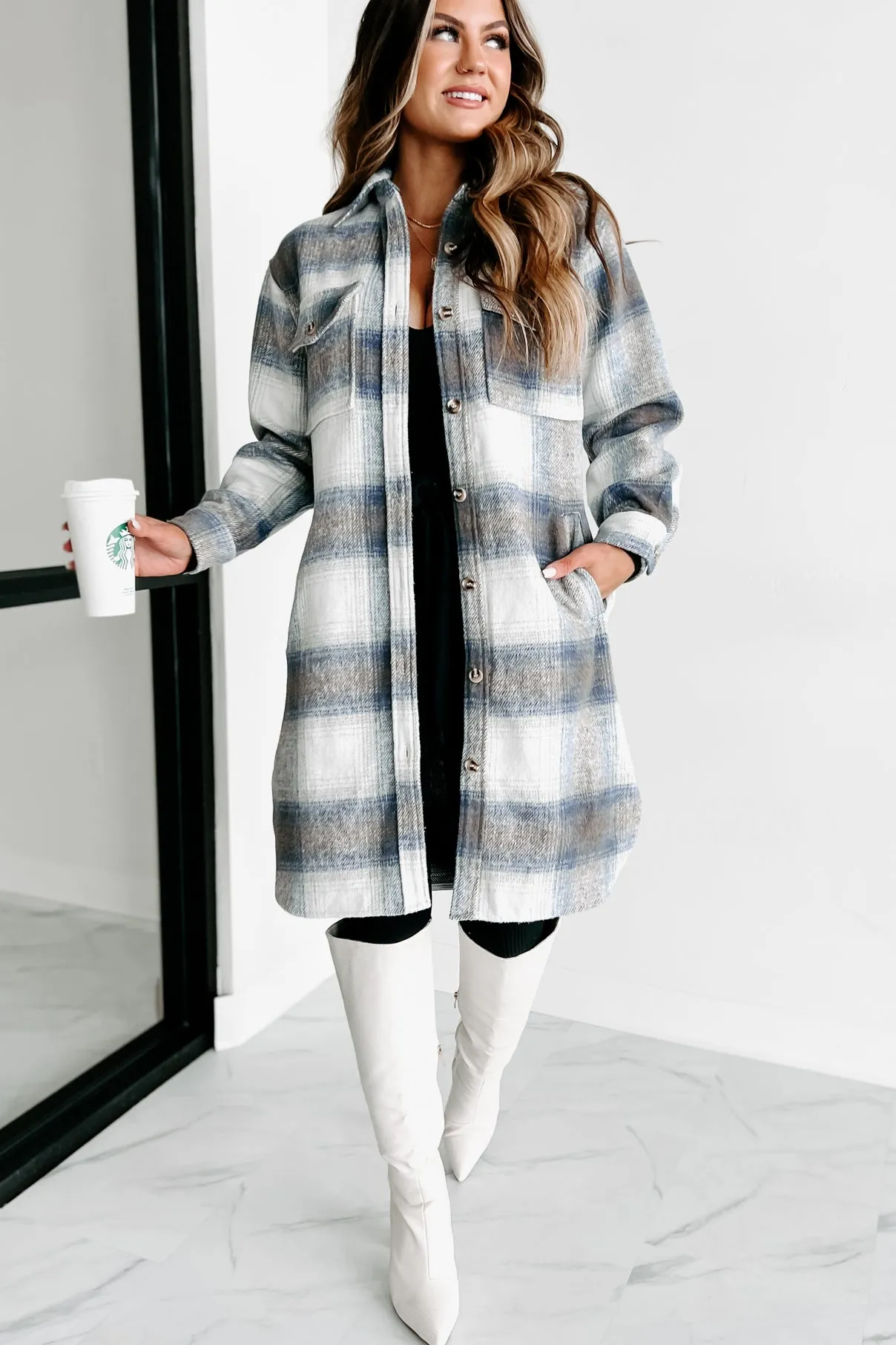 Just Be Sure Long Plaid Shacket (Blue/Mocha/White)