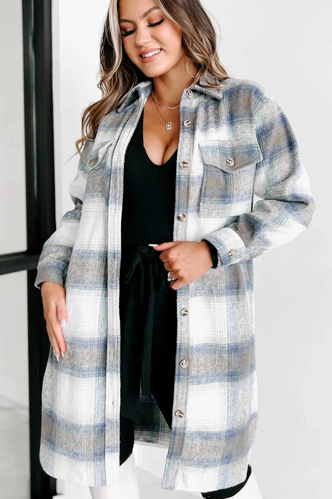 Just Be Sure Long Plaid Shacket (Blue/Mocha/White)