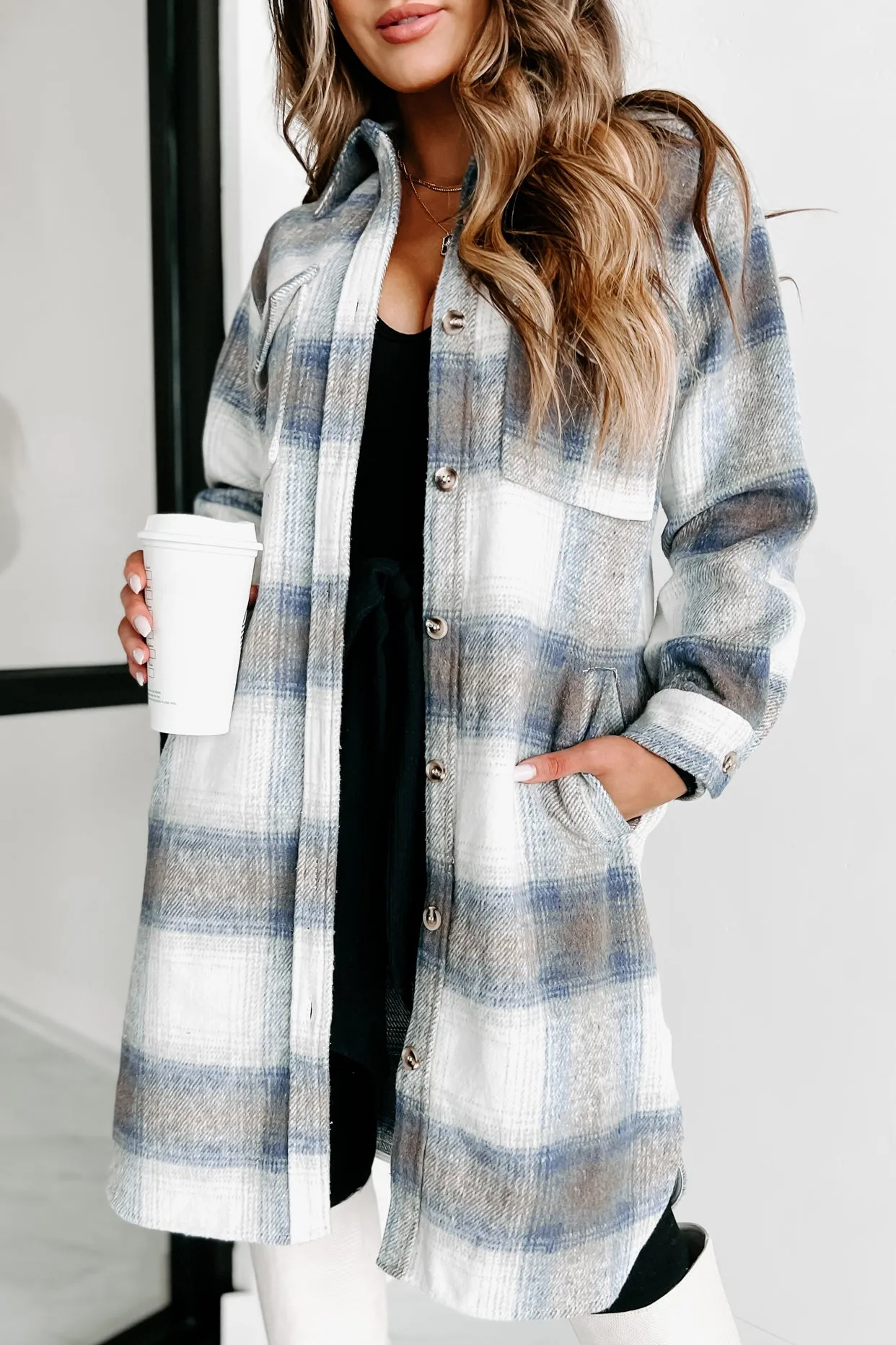 Just Be Sure Long Plaid Shacket (Blue/Mocha/White)