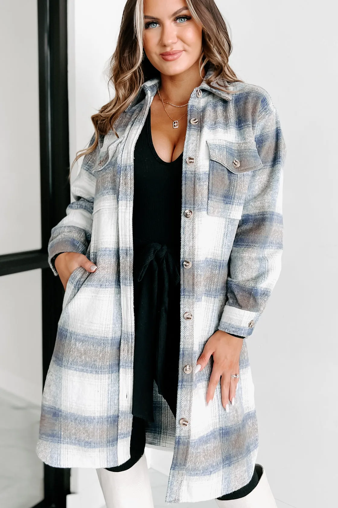 Just Be Sure Long Plaid Shacket (Blue/Mocha/White)