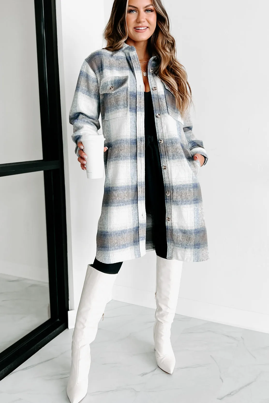 Just Be Sure Long Plaid Shacket (Blue/Mocha/White)