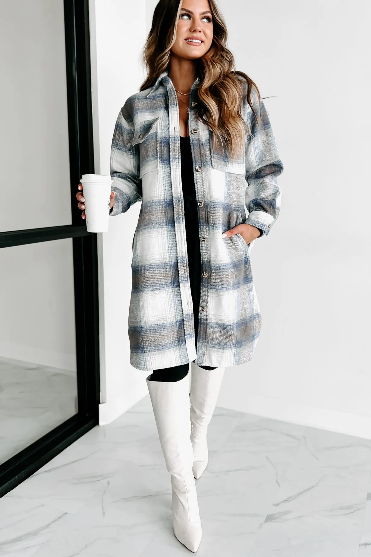 Just Be Sure Long Plaid Shacket (Blue/Mocha/White)