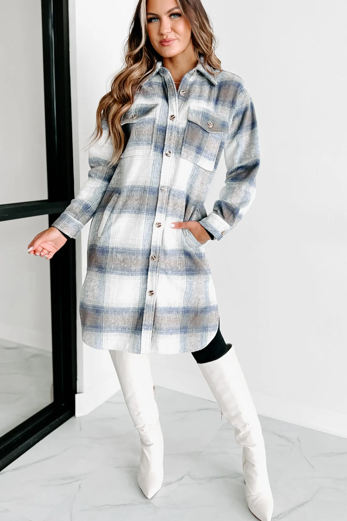 Just Be Sure Long Plaid Shacket (Blue/Mocha/White)