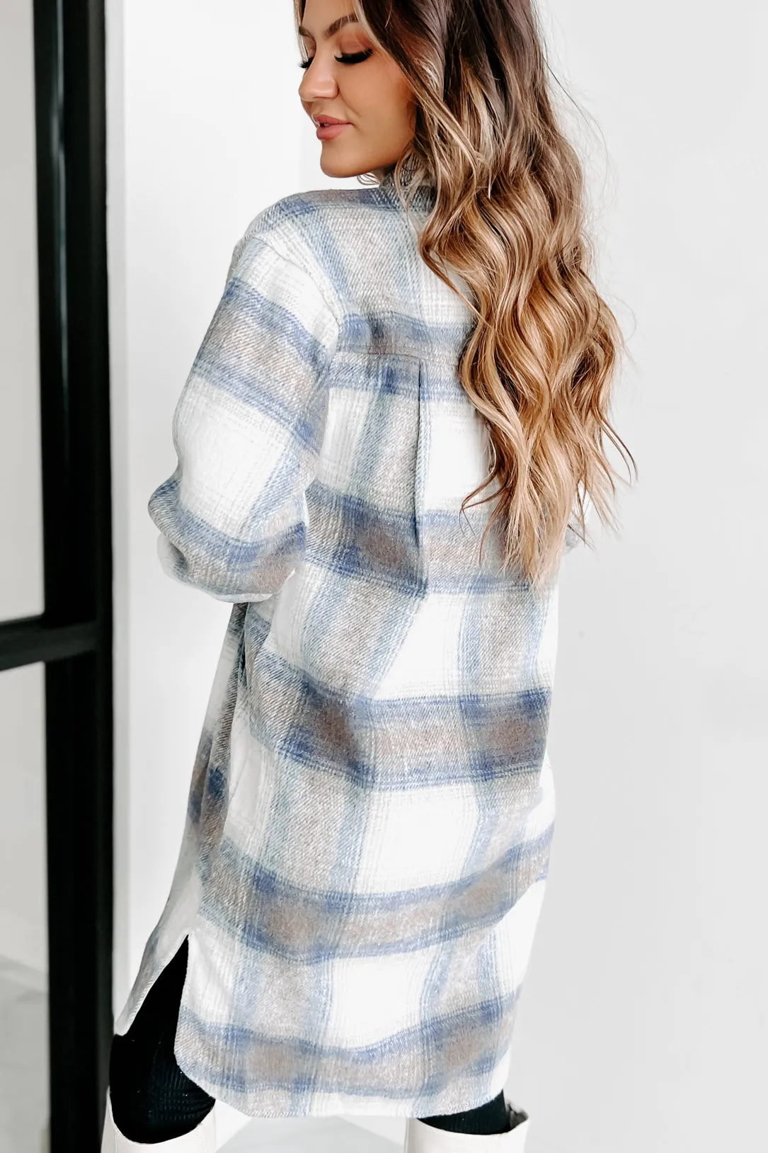 Just Be Sure Long Plaid Shacket (Blue/Mocha/White)