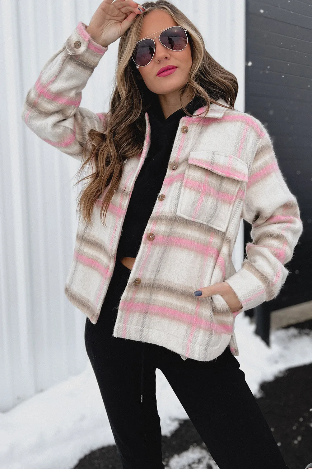 Kessie Brushed Fleece Plaid Shacket (Pink Mix)