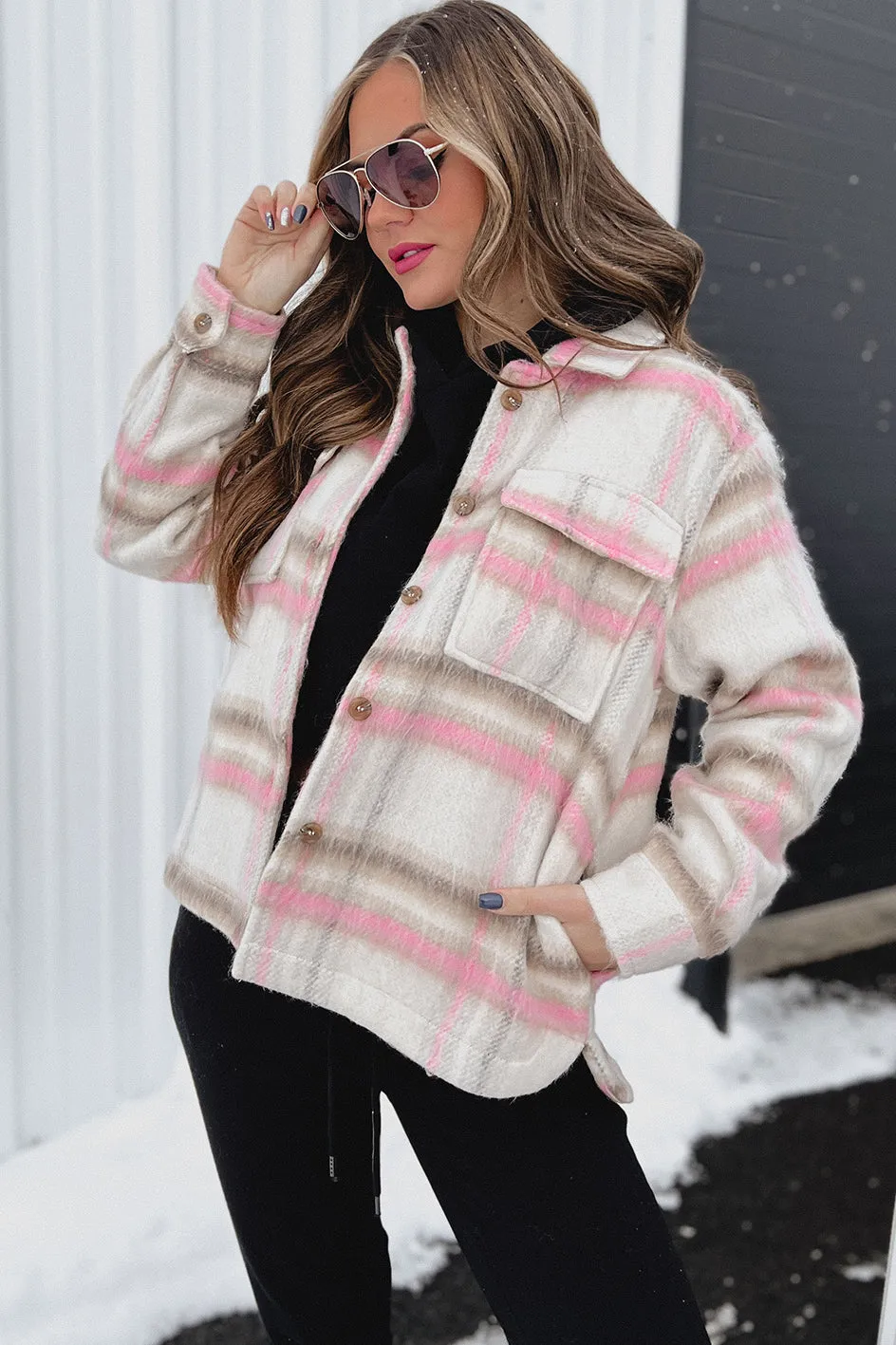 Kessie Brushed Fleece Plaid Shacket (Pink Mix)