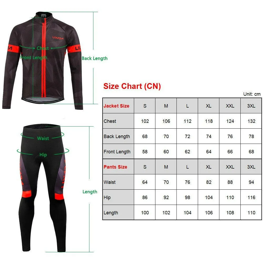 Lixada Men's Winter Thermal Fleece Cycling Clothing Set Long Sleeve Windproof Cycling Jersey Coat Jacket with 3D Padded Pants Trousers