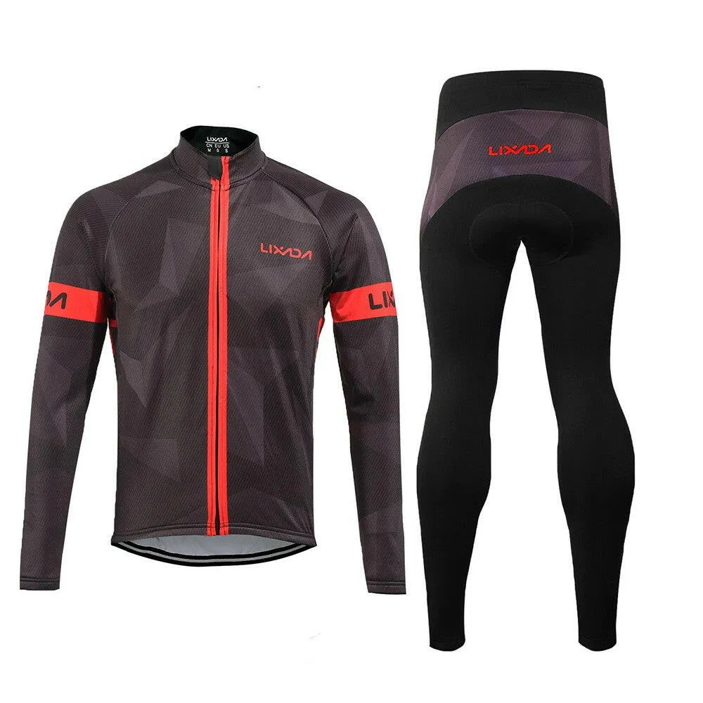 Lixada Men's Winter Thermal Fleece Cycling Clothing Set Long Sleeve Windproof Cycling Jersey Coat Jacket with 3D Padded Pants Trousers