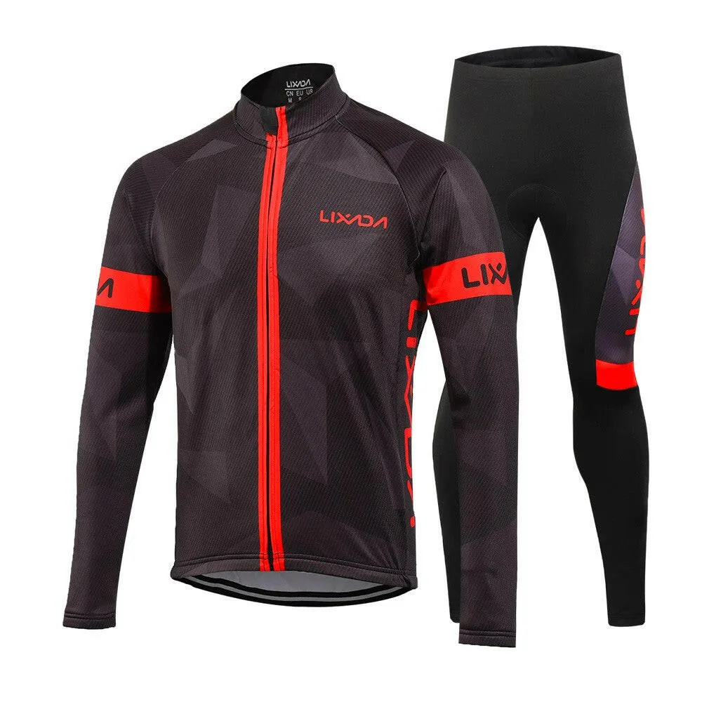 Lixada Men's Winter Thermal Fleece Cycling Clothing Set Long Sleeve Windproof Cycling Jersey Coat Jacket with 3D Padded Pants Trousers