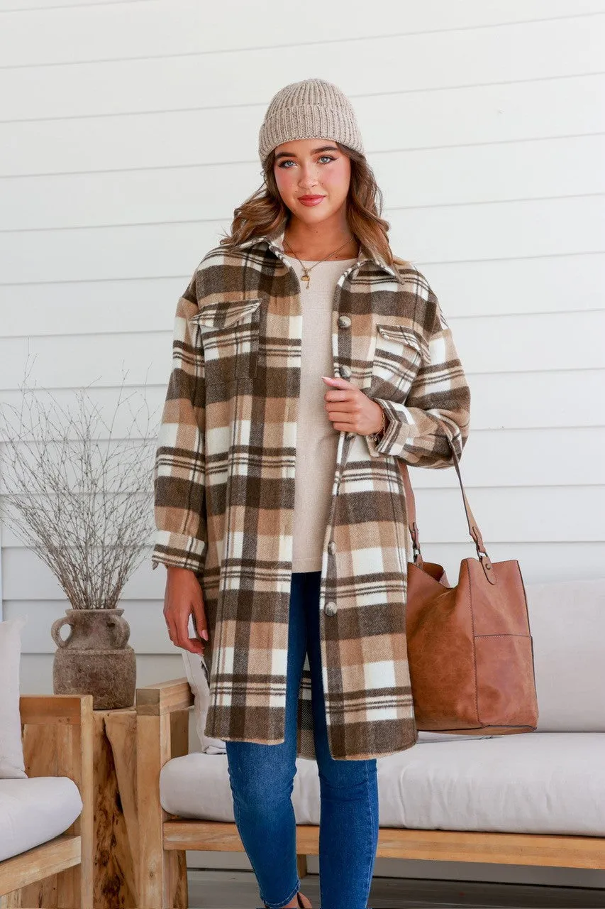 Long Line Check Shacket in Caramel and Chocolate Tones.