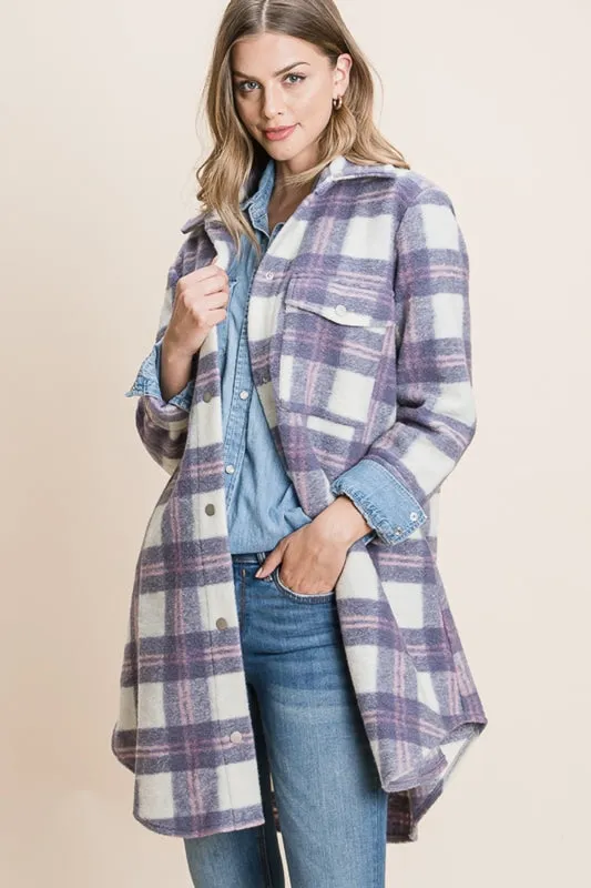 Long Plaid Shacket Coat - Ivory/Purple