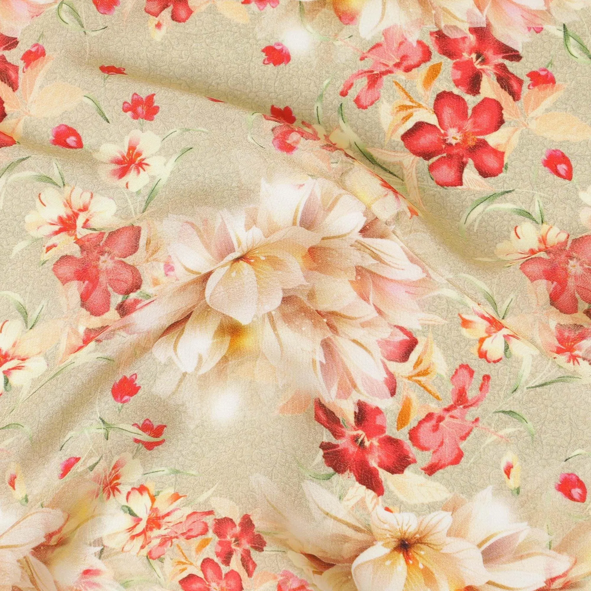 Mellow yellow synthetic crepe fabric with beige, ruby pink and olive green print in floral design-D7637