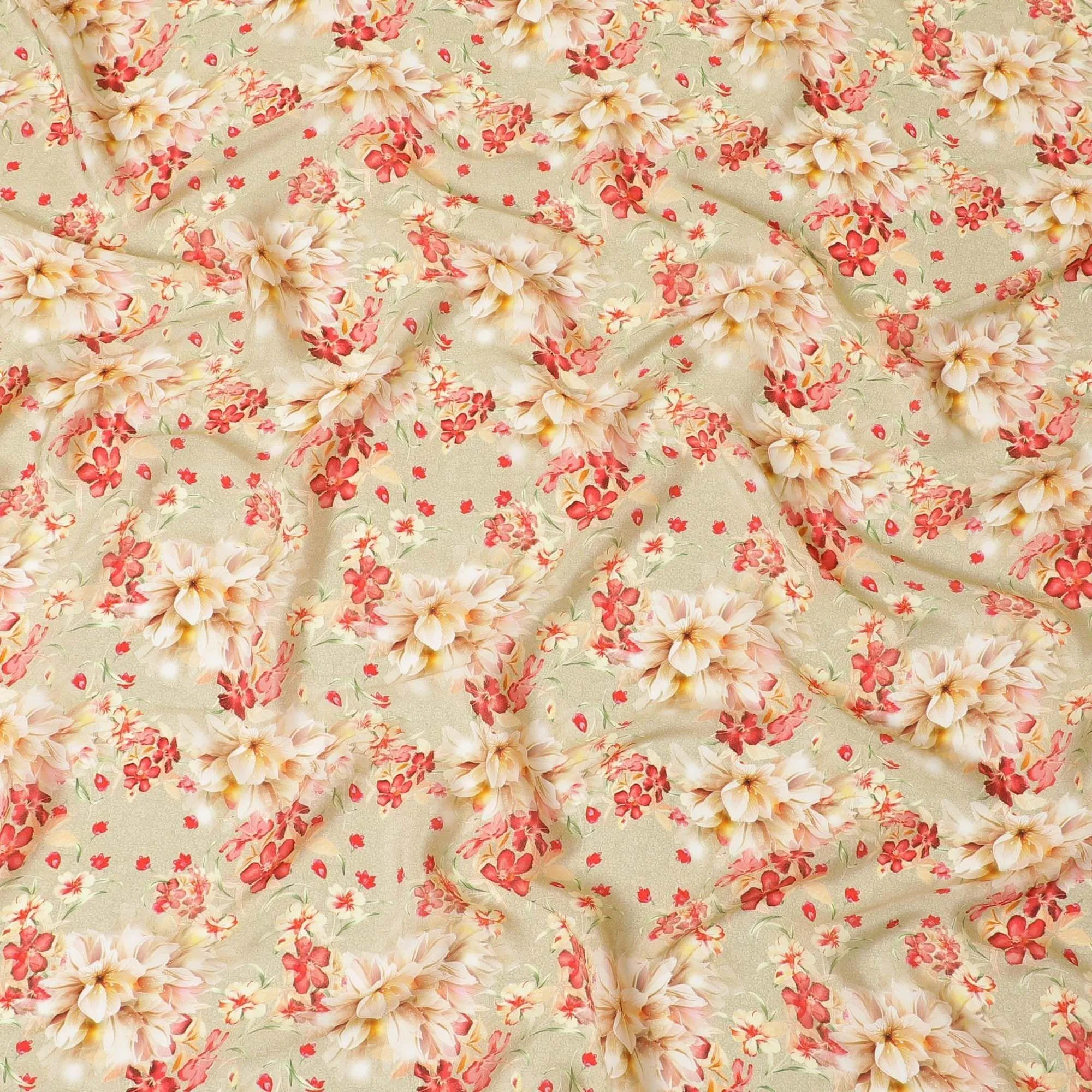 Mellow yellow synthetic crepe fabric with beige, ruby pink and olive green print in floral design-D7637