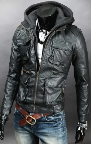 MEN DETACHABLE FABRIC HOODED LEATHER JACKET