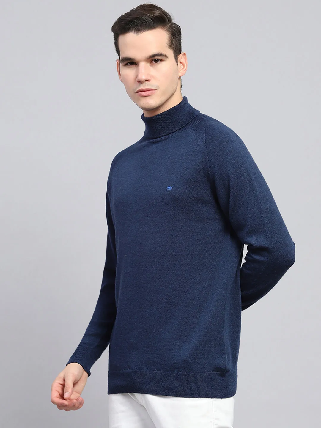 Men Navy Blue Solid Turtle Neck Full Sleeve Pullover