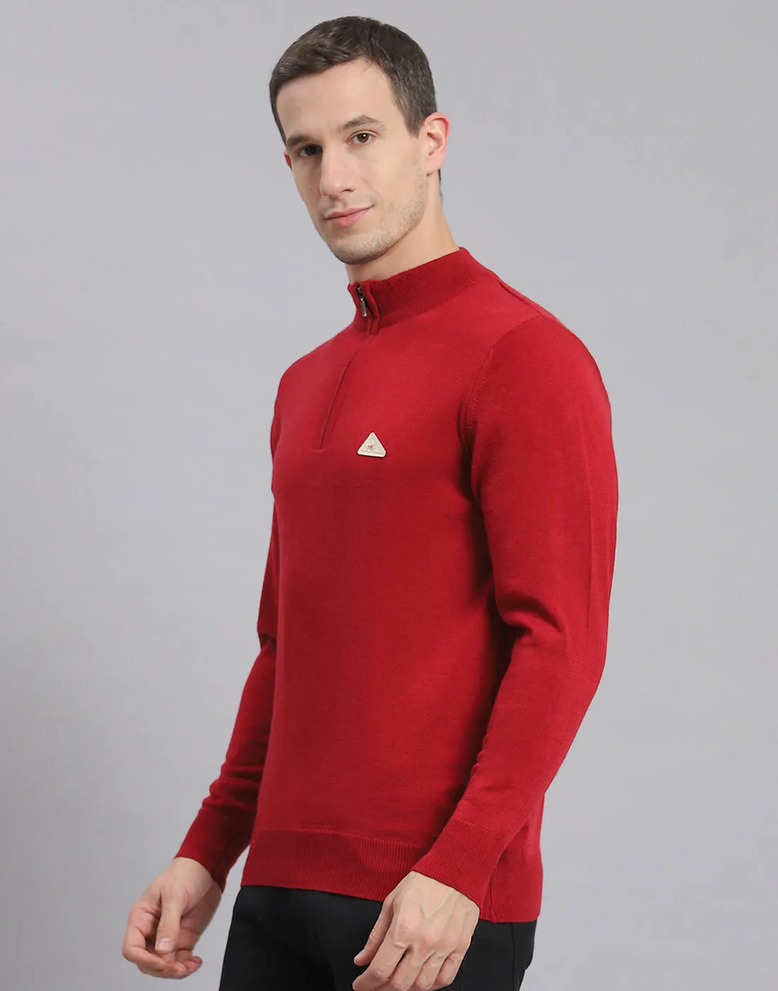 Men Red Solid H Neck Full Sleeve Sweater