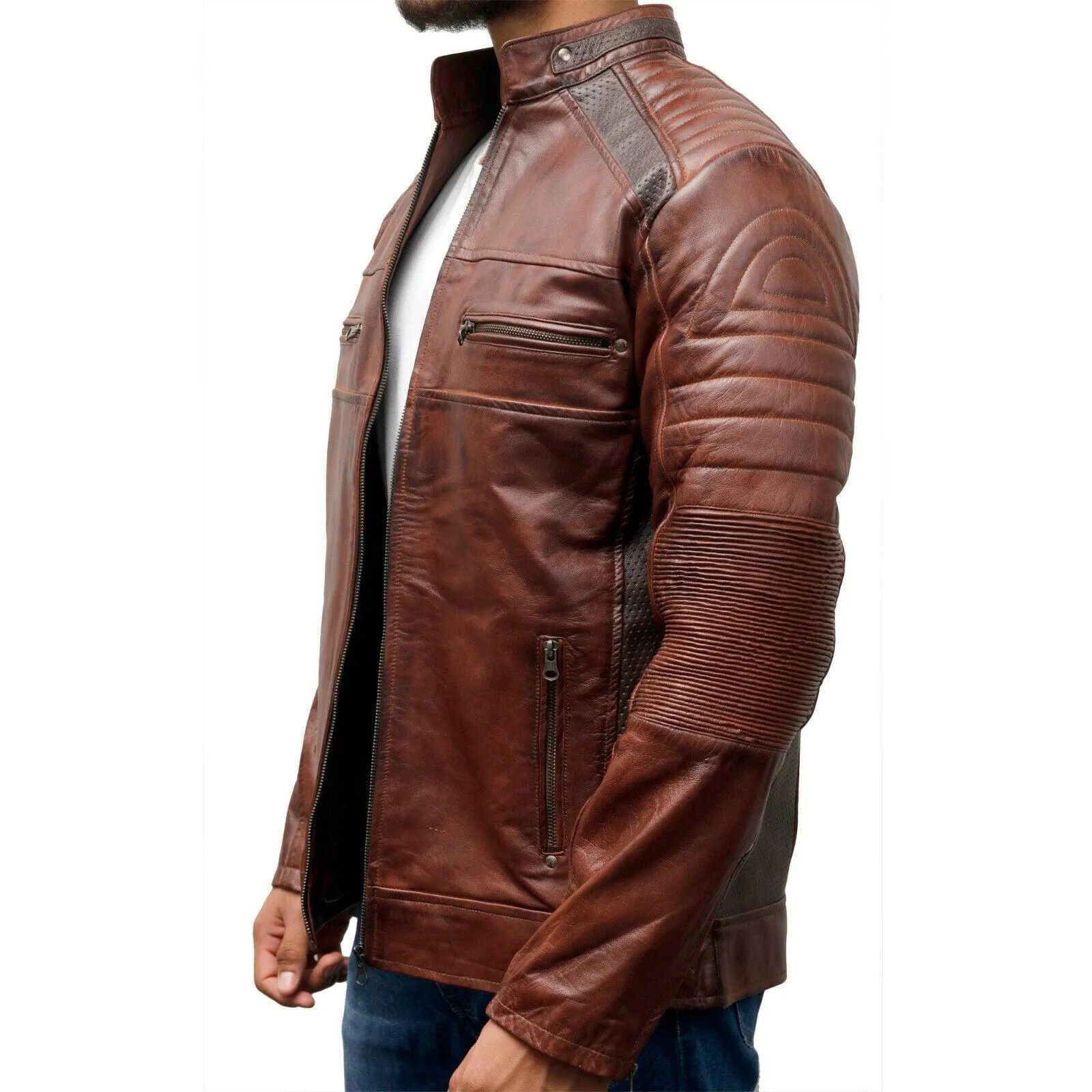 Men's Biker Vintage Motorcycle Bikers Brown Distressed Leather Cafe Racer Jacket Active