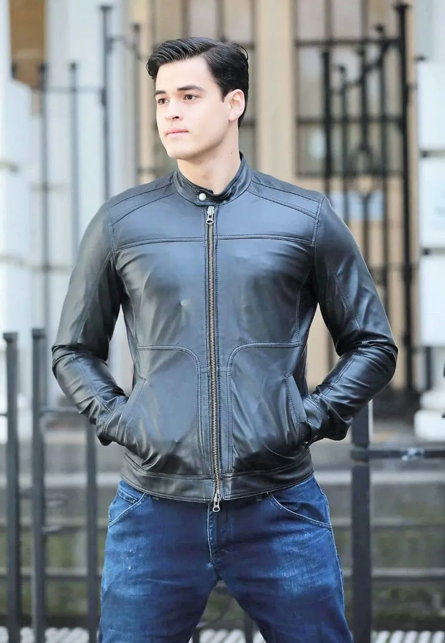 Men's Black Leather Jacket with Crew Neck