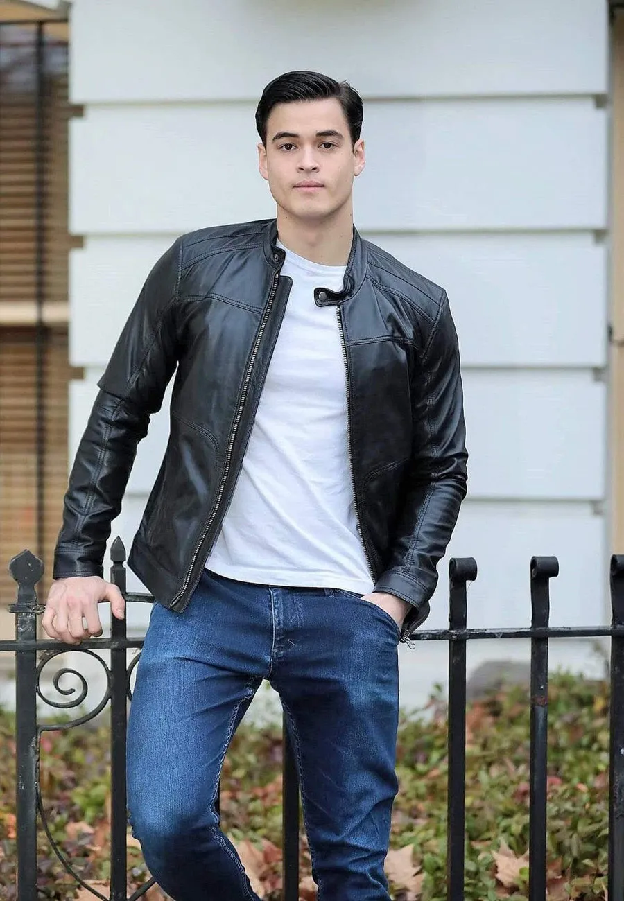 Men's Black Leather Jacket with Crew Neck