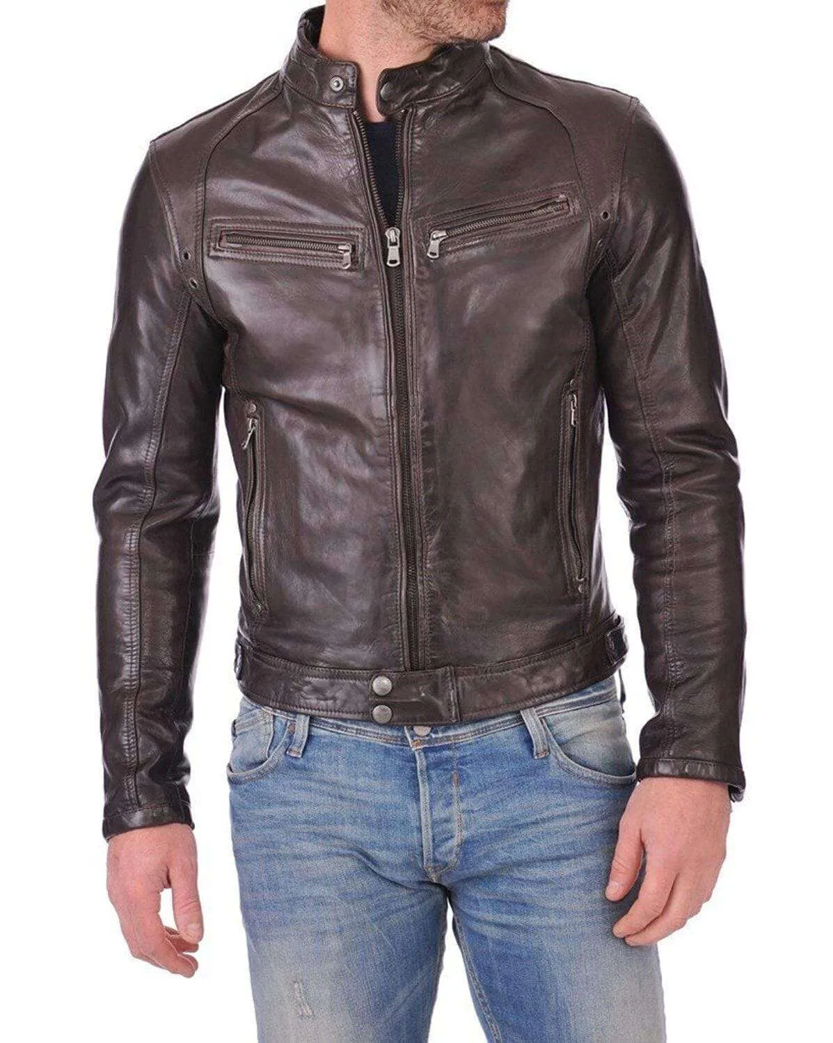 Men's Genuine Lambskin Leather Brown Bomber Slim Fit Biker Leather Jacket Coat