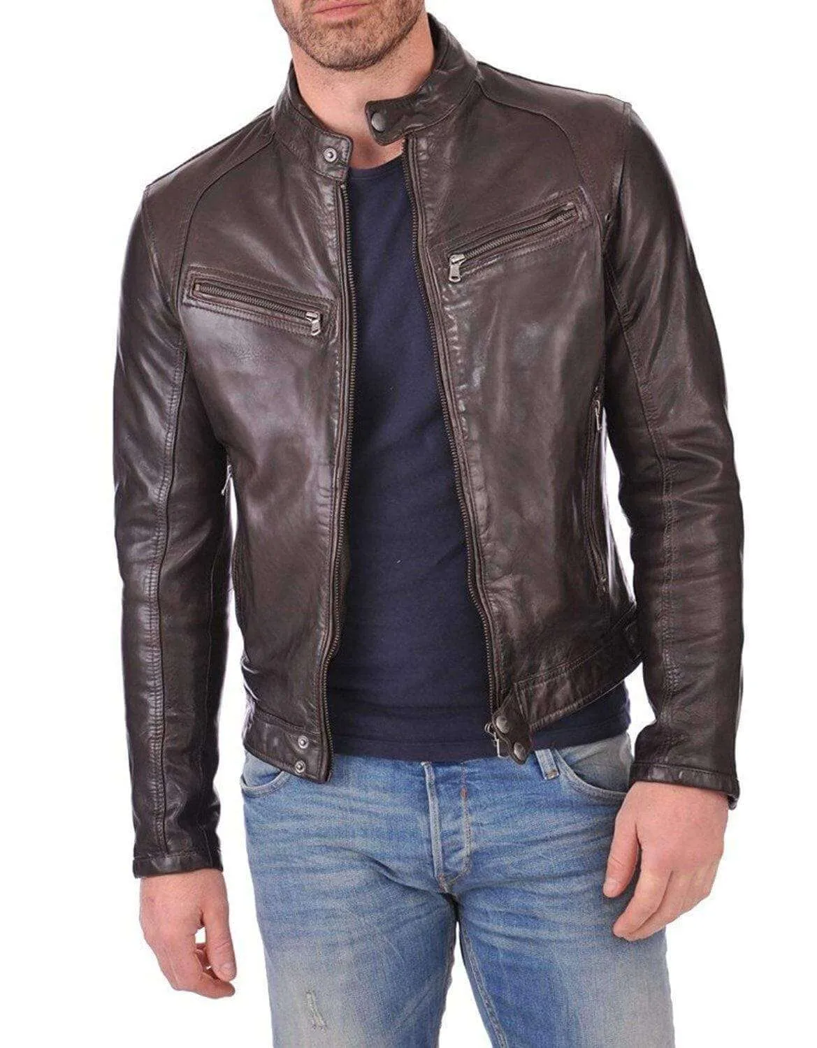 Men's Genuine Lambskin Leather Brown Bomber Slim Fit Biker Leather Jacket Coat